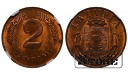 Латвия, 2 Сантими, 1939 год, бронза, NGC, MS 64 RB