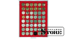 Raudonas veliūrinis padėklas 2148E su Ø30 mm skersmens monetų lizdais.
