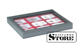 NERA M PLUS dėklas su šviesiai raudonu intarpu 9 sertifikuotoms monetoms 63x85 mm iš Amerikos vertinimo kompanijų