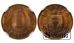 Latvia, 1 Santims, 1937 year, Bronze, NGC, MS 64 RB