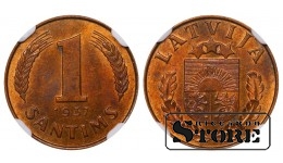 Latvija, 1 santimas 1937 m., bronza, NGC MS 62 RB, KM#10
