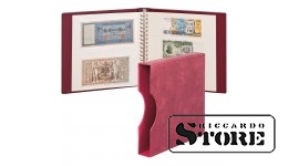 LINDNER banknotų albumas vyšnių spalvos su baltais įklotais ir apsaugine dėžute.