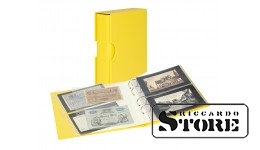 Universalus banknotų albumas PUBLICA M COLOR geltonos spalvos (Solino) su apsaugine dėžute. Komplekte 10 dvipusių Multi Collect lapų dviejų tipų langeliais.