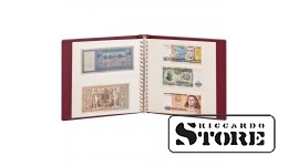 LINDNER banknotų albumas vyšnių spalvos su baltais įklotais ir apsaugine dėžute.