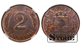 Latvija, 2 santimai, 1939 metai, NGC, MS 63 BN