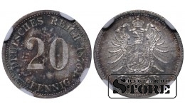 Vokietija, 20 pfeningų, 1876 m., H (Hanoveris), sidabras, NGC MS 64 Top Pop