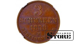 Великое герцогство Ольденбургское, 3 шварена, 1858 год, медь, NGC, MS 62 BN, Top PoP