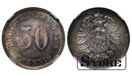 Vokietija, 50 pfeningų, 1875 m., J (Hamburgo kalykla), sidabras, NGC MS 64 Top Pop