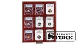 Numizmatinis RAUCHGLAS dėklas 9 sertifikuotoms monetoms 63x85 mm iš Amerikos vertinimo kompanijų