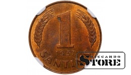 Latvija, 1 santimas 1937 m., bronza, NGC MS 62 RB, KM#10