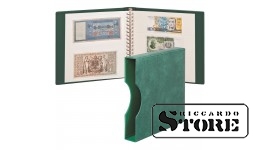 Žalios spalvos LINDNER banknotų albumas su baltais įklotais ir apsaugine dėžute.