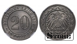 Vokietija, 20 pfengingų, 1892 m., D, vario-nikelio lyd., NGC MS 66, Top Pop