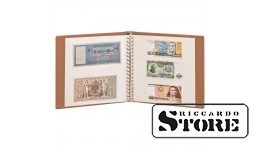 LINDNER banknotų albumas šviesiai rudos spalvos su baltais įklotais ir apsaugine dėžute.