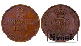 Великое герцогство Ольденбургское, 3 шварена, 1858 год, медь, NGC, MS 62 BN, Top PoP