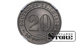 Vokietija, 20 pfengingų, 1892 m., D, vario-nikelio lyd., NGC MS 66, Top Pop