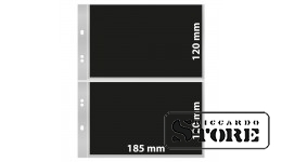 Universalūs Multi Collect numizmatiniai lapai su 2 kišenėmis (185 × 120 mm), permatomi, su juodu įdėklu. Pakuotėje 10 vnt.