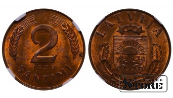 Латвия, 2 Сантими, 1939 год, бронза, NGC, MS 64 RB