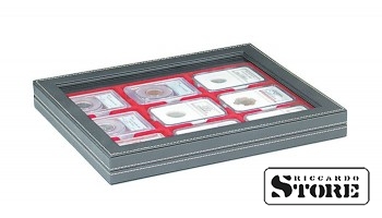 NERA M PLUS dėklas su šviesiai raudonu intarpu 9 sertifikuotoms monetoms 63x85 mm iš Amerikos vertinimo kompanijų