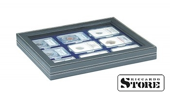 NERA M PLUS dėklas su tamsiai mėlynu intarpu 9 sertifikuotoms monetoms 63x85 mm iš Amerikos vertinimo kompanijų