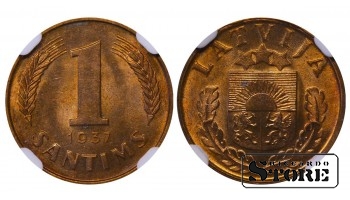 Latvia, 1 Santims, 1937 year, Bronze, NGC, MS 64 RB