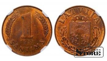 Latvija, 1 santimas 1937 m., bronza, NGC MS 62 RB, KM#10