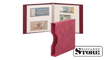 LINDNER banknotų albumas vyšnių spalvos su baltais įklotais ir apsaugine dėžute.