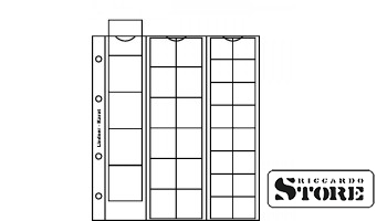 Numismatic pages for the Karat system to hold 5 coins up to 38 mm, 12 coins up to 30 mm, and 16 coins up to 22 mm, with red interleaving sheet. Pack of 5 pages.