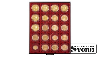RAUCHGLAS numizmatinė dėžutė su 20 kvadratinėmis kišenėmis, skirtomis 50x50 mm monetų rėmeliams, CARRÉE ir OCTO kapsulėms. Puikus sprendimas monetų kolekcijos saugojimui ir apsaugai.