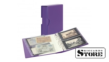 Universalus banknotų albumas PUBLICA M COLOR violetinės spalvos (Viola) su apsaugine dėžute. Komplekte 10 dvipusių Multi Collect lapų dviejų langelių variantų.