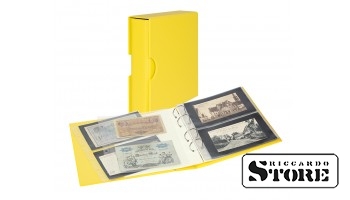 Universalus banknotų albumas PUBLICA M COLOR geltonos spalvos (Solino) su apsaugine dėžute. Komplekte 10 dvipusių Multi Collect lapų dviejų tipų langeliais.
