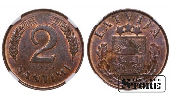 Latvija, 2 santimai, 1939 metai, NGC, MS 63 BN