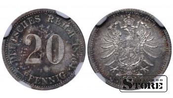 Vokietija, 20 pfeningų, 1876 m., H (Hanoveris), sidabras, NGC MS 64 Top Pop