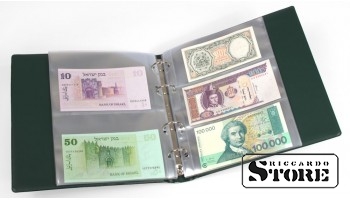 KOBRA banknotų albumas su 20 skaidrių, padalintų plastiko voko įdėklų, 210 x 230 mm, žalias