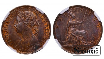 United Kingdom, 1 Farthing, 1886 year, Bronze, NGC, MS 63 BN