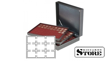 NERA XL dėklas su 3 intarpais, aptrauktas tamsiai raudonu veliūru, skirtas 27 sertifikuotoms monetoms 63x85 mm iš Amerikos vertinimo kompanijų