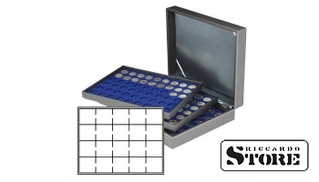 NERA XL case with 3 inserts and dark blue velvet-lined trays for storing 60 coin holders 50x50 mm / CARRÉE capsules / OCTO capsules.
