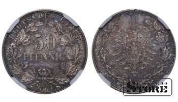 Vokietija, 50 pfeningų, 1877 m., J (Hamburg), sidabras, NGC MS 64