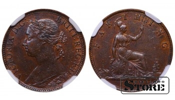 Великобритания, 1 фартинг, 1881 год, бронза, NGC, AU 55 BN