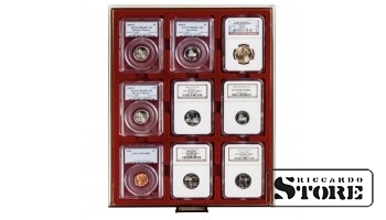 Numizmatinis RAUCHGLAS dėklas 9 sertifikuotoms monetoms 63x85 mm iš Amerikos vertinimo kompanijų