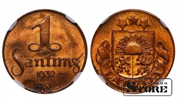 Latvija, 1 santimas, 1932 m., NGC MS 64 RB