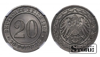 Vokietija, 20 pfengingų, 1892 m., D, vario-nikelio lyd., NGC MS 66, Top Pop