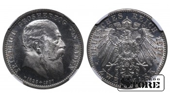 Grand Duchy of Baden, 2 Marks, 1907 year, Death of Friedrich I, NGC, PROOF DETAILS