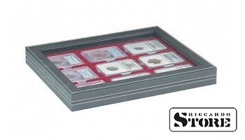 NERA M PLUS dėklas su tamsiai raudonu intarpu 9 sertifikuotoms monetoms 63x85 mm iš Amerikos vertinimo kompanijų