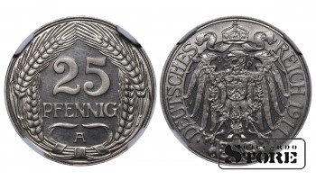 Vokietija, 25 pfengingų, 1911 m., A, nikelis, NGC PF 67