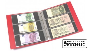 KOBRA didelio formato banknotų albumas su 20 trijų dalių lapų, raudonas
