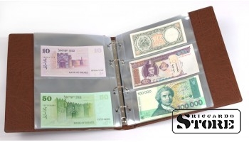 KOBRA banknotų albumas su 20 skaidrių padalintų lapų, 210 x 230 mm, šviesiai rudas