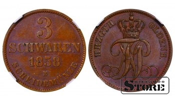 Великое герцогство Ольденбургское, 3 шварена, 1858 год, медь, NGC, MS 62 BN, Top PoP